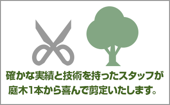 確かな実績と技術を持ったスタッフが庭木1本から喜んで剪定いたします。